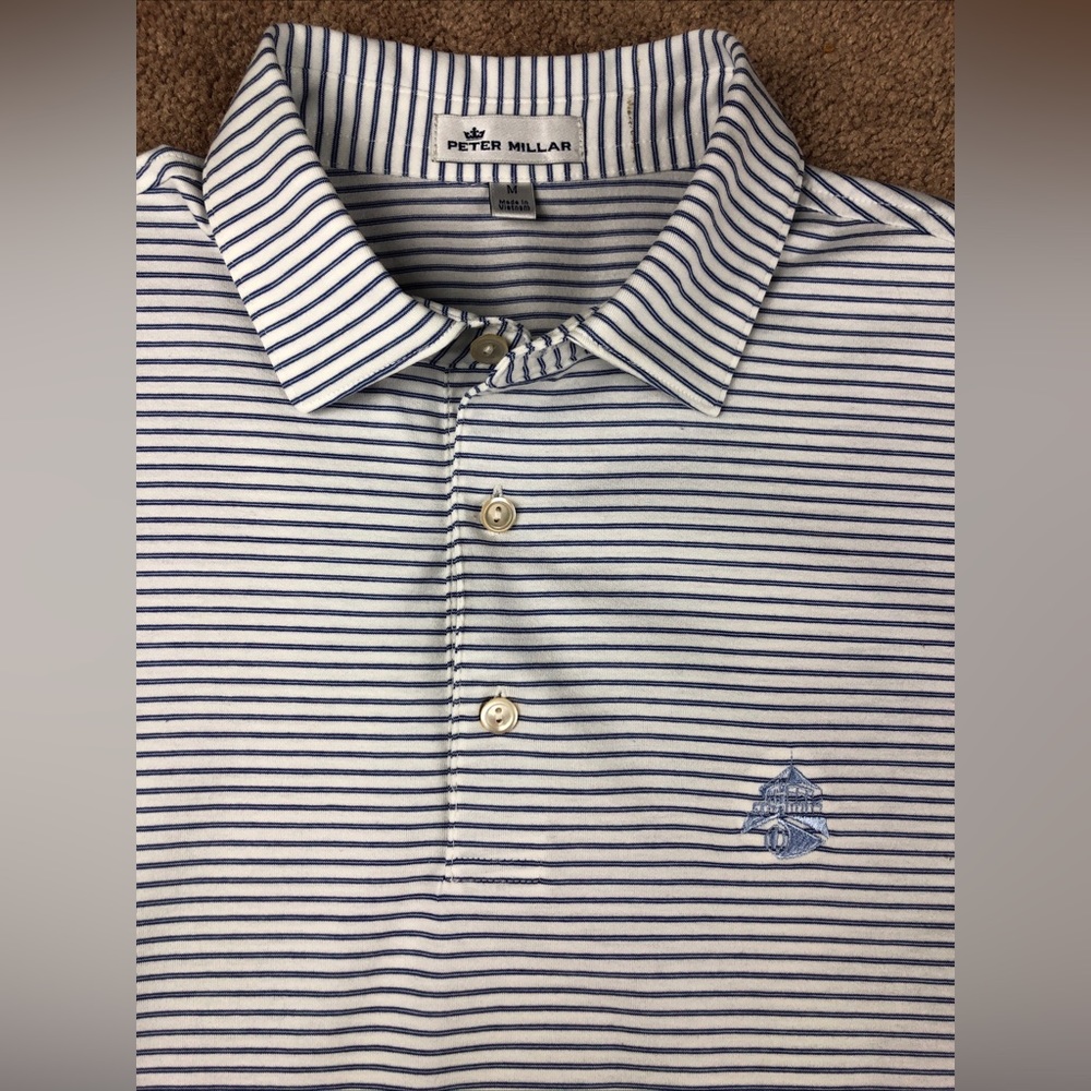 Peter Millar White & Blue Striped Short Sleeve Polo Size Medium